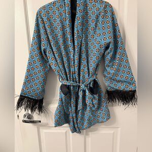 YMHY Blue/Tan Patterned Women's Lounge Wear with Black Ostrich Trimmed Cuffs.